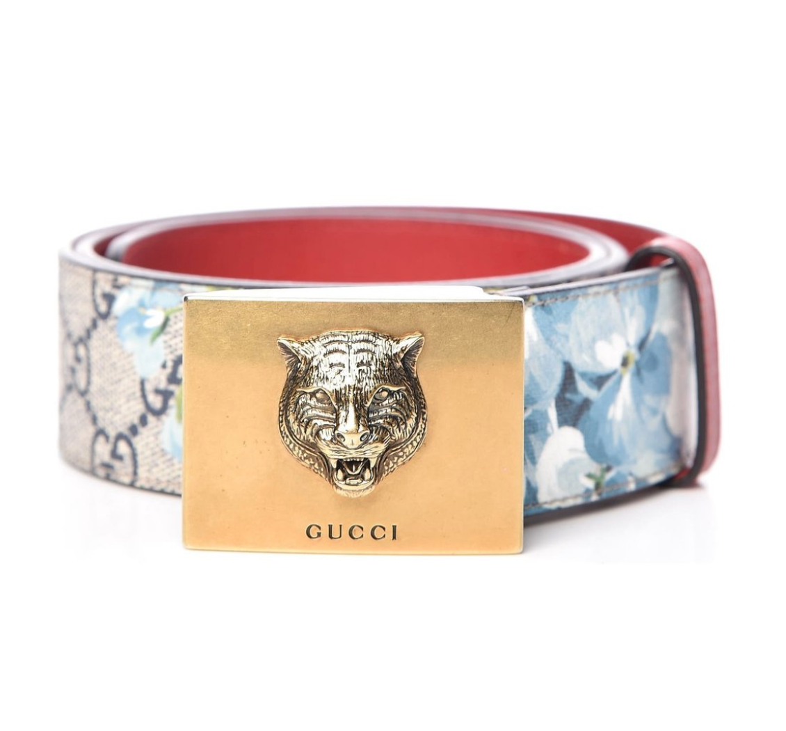 Gucci Belt Blue Bloom & Flower Print With Gold Tiger Buckle