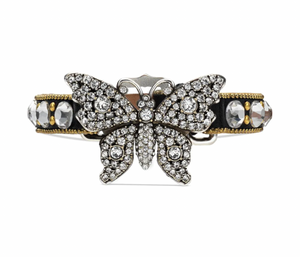 Gucci Crystal Butterfly Leather Cuff Bracelet in Black