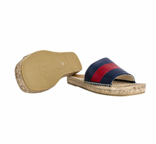 Load image into Gallery viewer, Gucci Blue and Red Web Striped Espadrille Slides in Beige