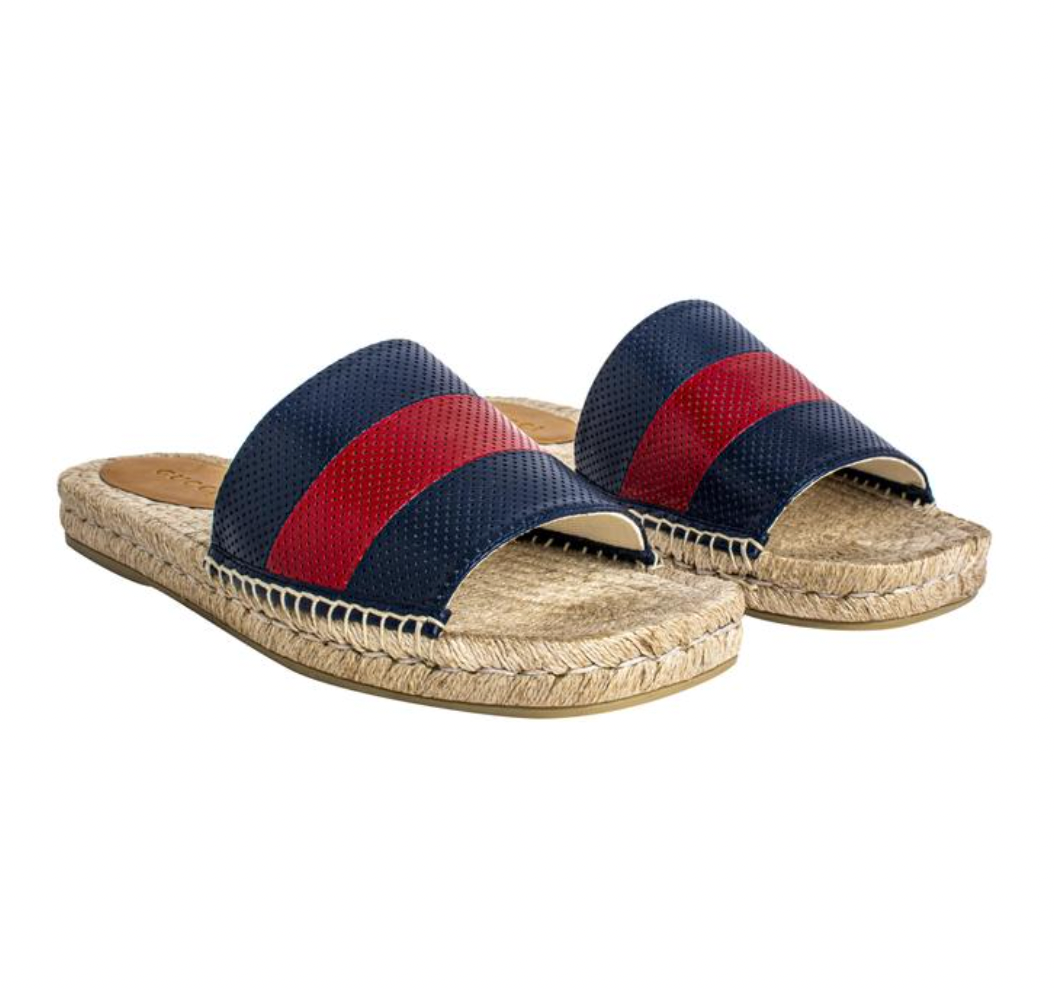 Gucci Blue and Red Web Striped Espadrille Slides in Beige  display picture 1