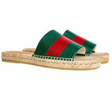Load image into Gallery viewer, Gucci Green and Red Web Striped Espadrille Slides in Beige