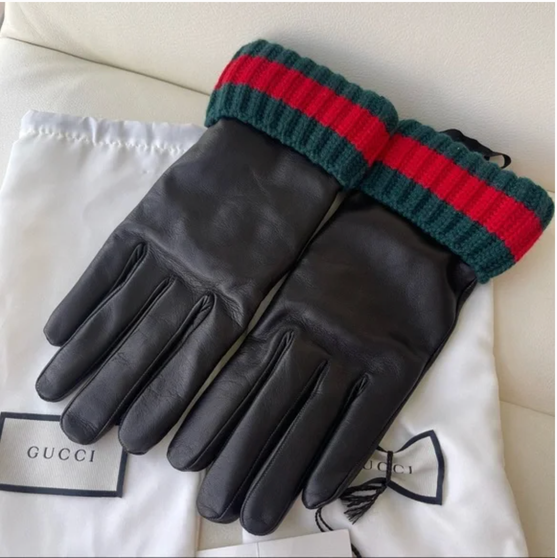 Gucci Gloves Men's 524061 BAP00 1000 Bee Black Lamb Leather & Cashmere (GGG1000)