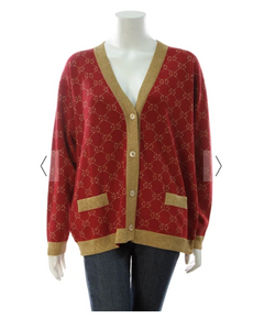 Gucci Red Cardigan with Gold Lame Interlocking Pattern
