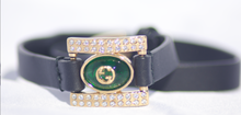 Load image into Gallery viewer, Gucci Interlocking G Double Wrap Leather Bracelet with Green Gem in Black