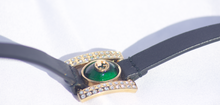 Load image into Gallery viewer, Gucci Interlocking G Double Wrap Leather Bracelet with Green Gem in Black