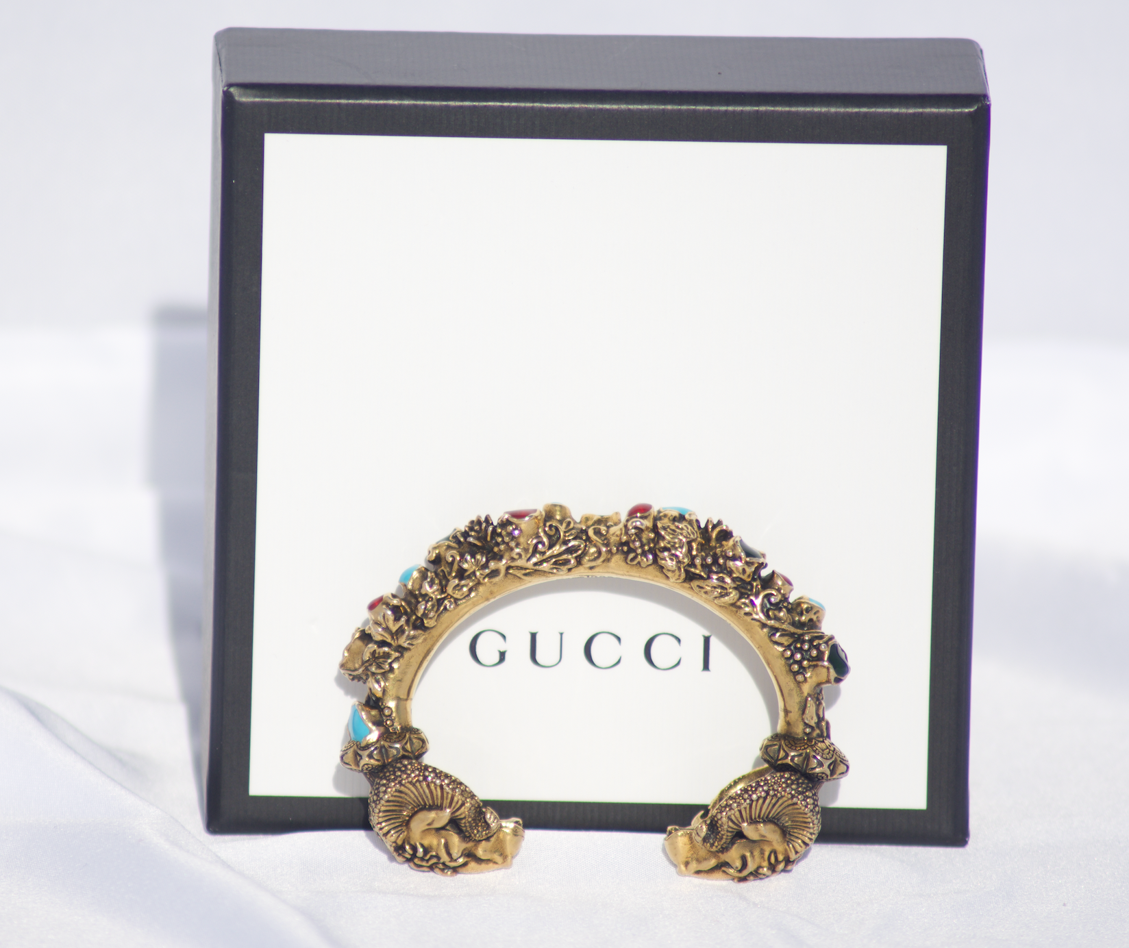 Gucci Metal Studded Feline Head Bracelet in Aged Gold