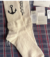 Load image into Gallery viewer, Gucci White Navy Logo Anchor Ribbed Stretch Cotton Sock