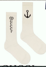 Load image into Gallery viewer, Gucci White Navy Logo Anchor Ribbed Stretch Cotton Sock