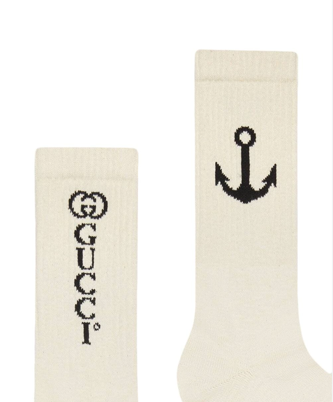 Gucci White Navy Logo Anchor Ribbed Stretch Cotton Sock