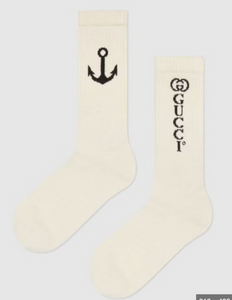 Gucci White Navy Logo Anchor Ribbed Stretch Cotton Sock