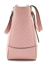 Load image into Gallery viewer, Made of GG Micro-Guccissima Leather Color: Soft Pink Top zip closure with Light Gold Hardware Fabric Interior Lining; Detachable / Adjustable shoulder strap Measurements: Height: 8; Depth: 4; Strap Drop: 19-21; Width: 7.75 Inches Made in Italy Includes authenticity cards and Gucci dust bag.