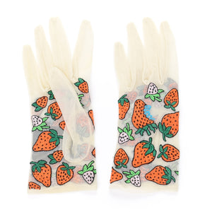 Gucci Tulle Strawberry Embroidered Gloves in White