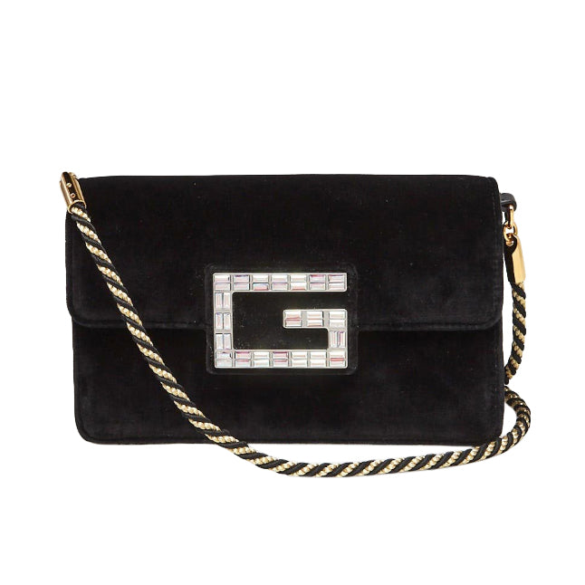 Gucci Mini Broadway Velvet Crystal Crossbody Bag in Black