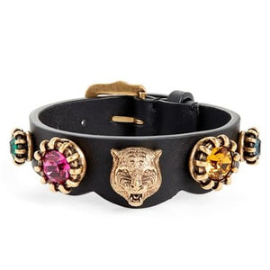 Gucci Crystal Feline Head Leather Bracelet in Black
