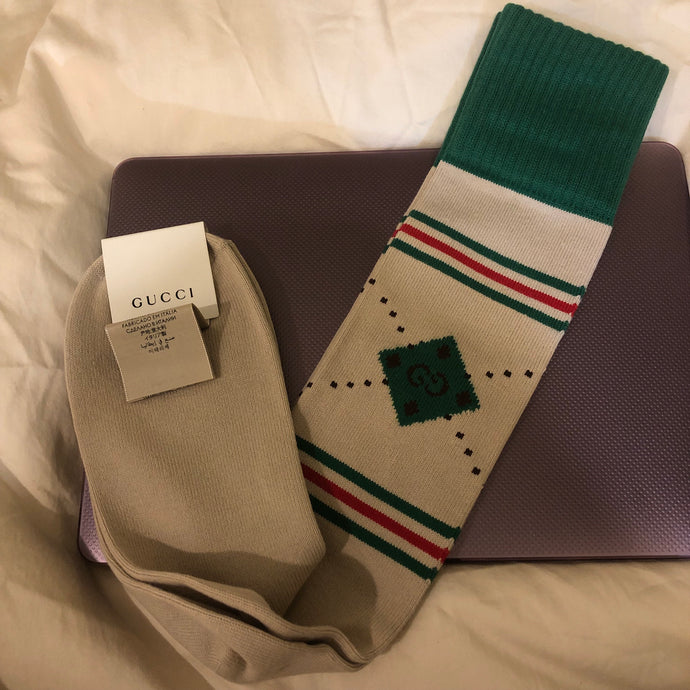 Gucci GG Argyle Knee Socks in Ivory and Green