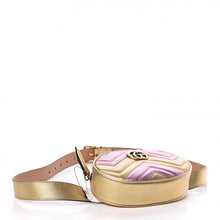 Load image into Gallery viewer, This belt bag is crafted of smooth gold and pink chevron stitched leather. This bag is an oval shape with a leather belt that can be worn as a belt bag. The belt bag features an aged gold GG logo on the front and a heart stitched shape on the back of the bag with an adjustable belt closure. The handbag opens to a blue satin interior with a patch pocket. This compact, yet spacious belt bag is perfect for any time of the day; whether it be for casual or formal wear, from Gucci!