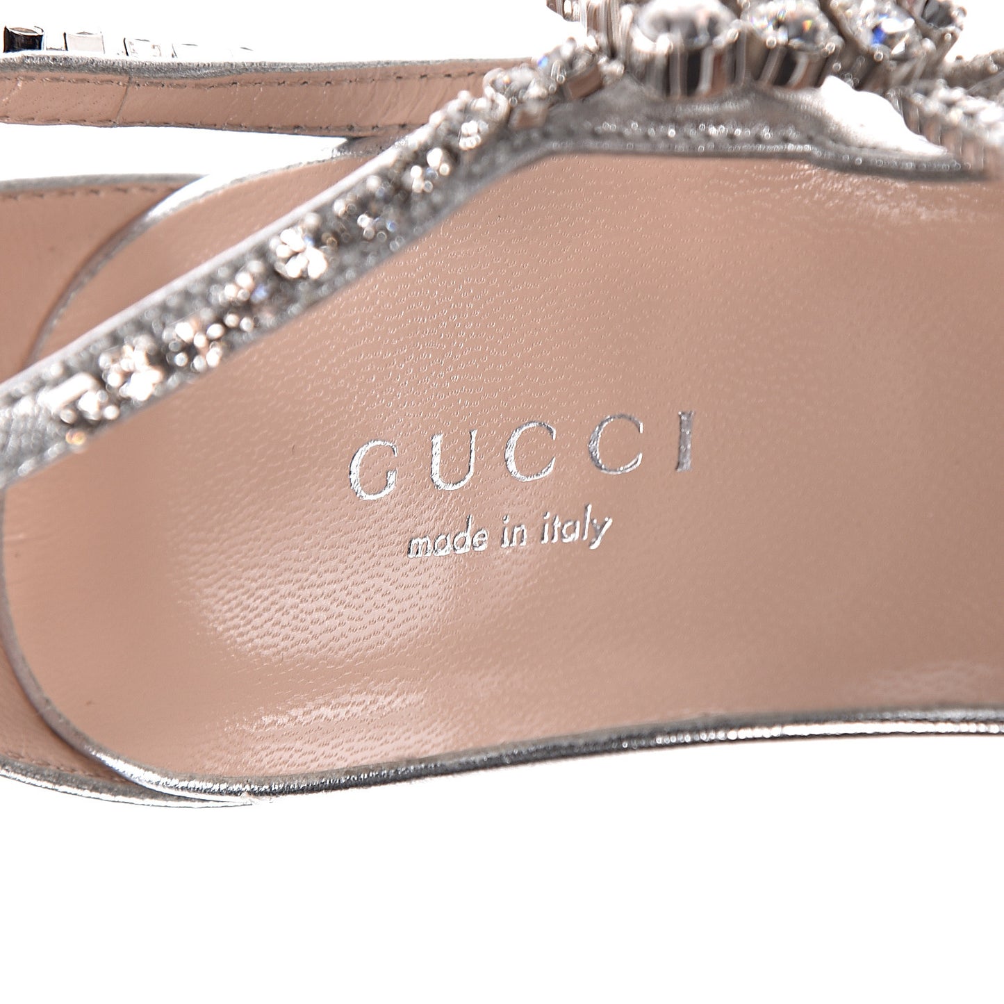 Gucci Napa Silk Crystal Crawford Strap Sandal in Silver