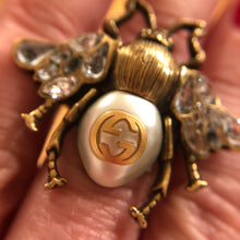 Load image into Gallery viewer, Gucci Bee Ring in Antique Gold with Crystals and Pearl