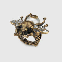 Load image into Gallery viewer, Gucci Bee Ring in Antique Gold with Crystals and Pearl