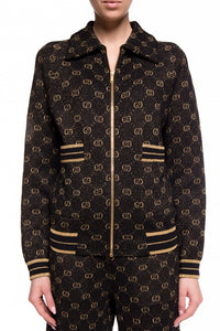 Gucci Black Zipped Cardigan with Gold Lamé GG