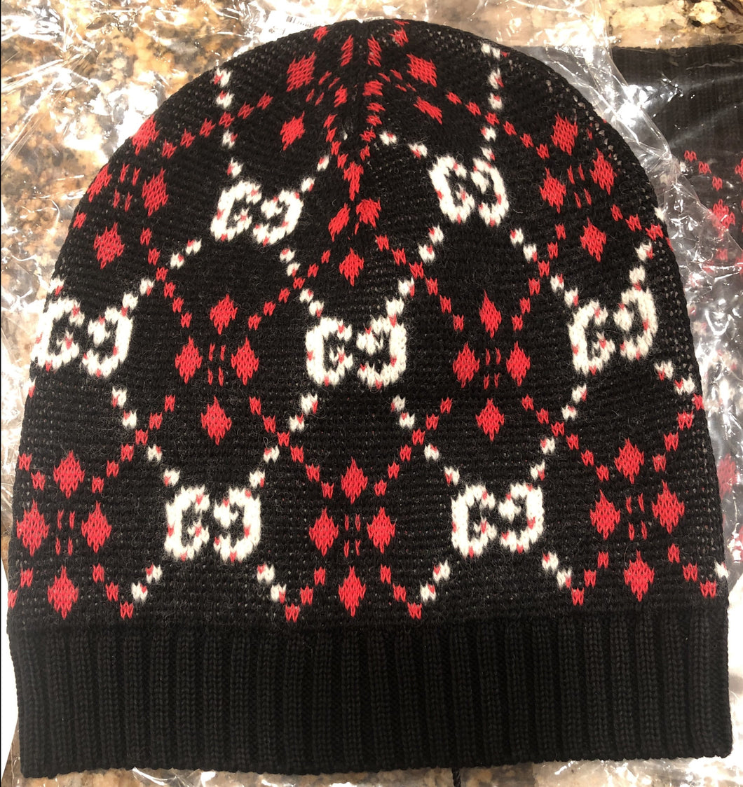 Gucci GG Monogram with Red Diamond Pattern Beanie in Black