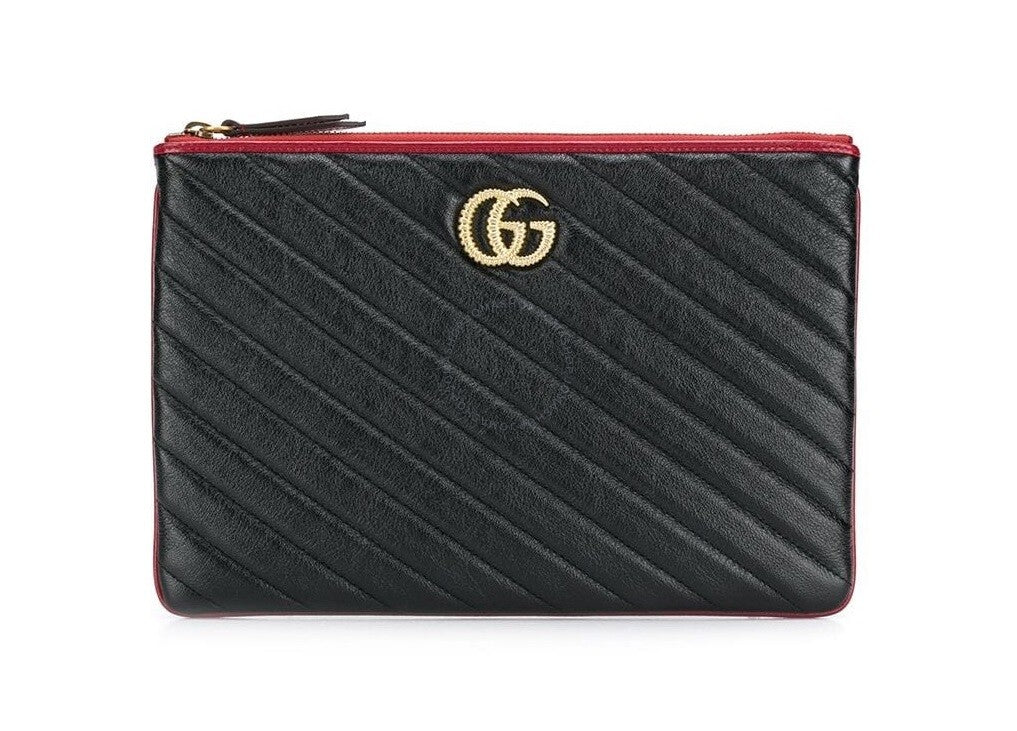 Gucci Calfskin GG Marmont Quilted Leather Pouch in Black with Red Trim