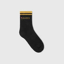 Load image into Gallery viewer, Gucci Rose-embroidered Cotton Ankle Socks in Black and Yellow/Gold