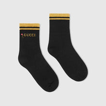 Load image into Gallery viewer, Gucci Rose-embroidered Cotton Ankle Socks in Black and Yellow/Gold