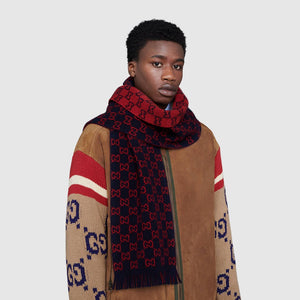 Gucci GG Wool Scarf In Midnight Blue & Red