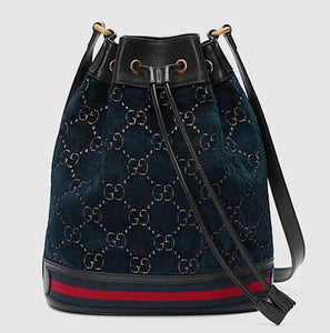 Gucci Ophidia GG Velvet Bucket Bag in Navy with Web