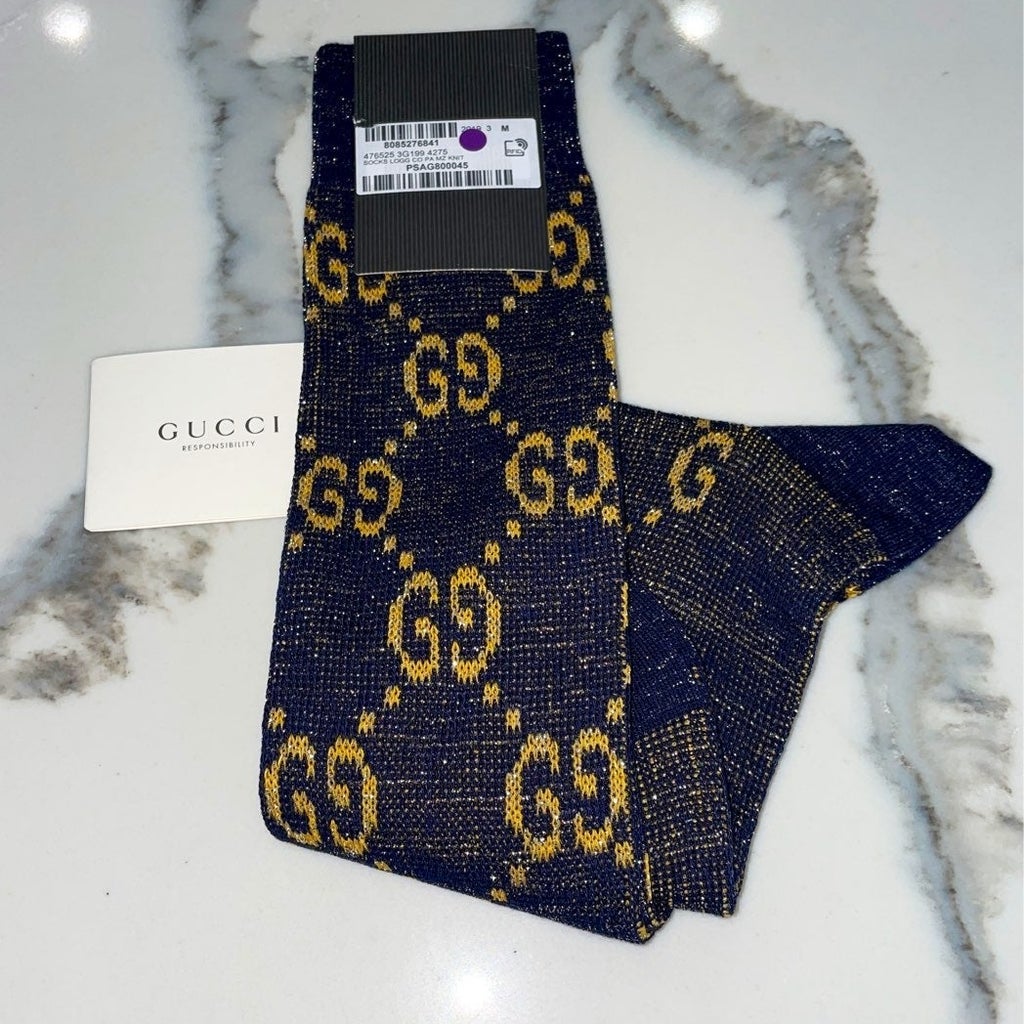 NEW Gucci 100% AUTH Women's Monogram GG Long Knee Lame Socks Blue Color  Size S