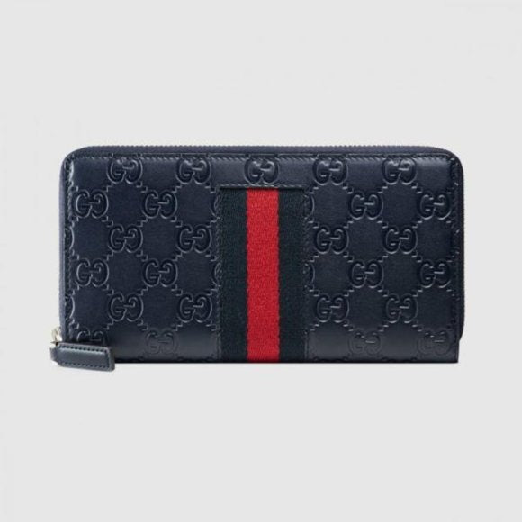 Gucci Guccissima with Web Zip Around Wallet in Navy