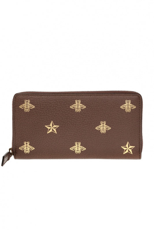 Gucci Bee Star Zip Around Wallet in Brown