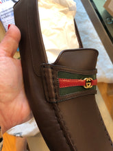 Load image into Gallery viewer, Gucci Web and Interlocking GG Driver Loafers in Brown