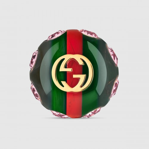 Gucci Crystal Sylvie Vintage Style Web Brooch in Green