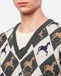Gucci Equestrian Diamond Jacquard Sweater in Gray and White