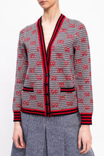 Load image into Gallery viewer, Gucci Ivory, Blue, and Red Wool Cardigan with GG Pattern