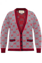 Load image into Gallery viewer, Gucci Ivory, Blue, and Red Wool Cardigan with GG Pattern