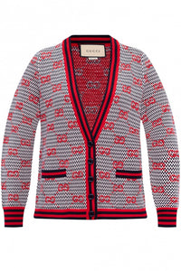 Gucci Ivory, Blue, and Red Wool Cardigan with GG Pattern