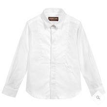 Load image into Gallery viewer, This boy&#39;s white shirt from Roberto Cavalli is made in luxuriously soft and lightweight cotton that will move with him to stay comfortable all day! It has hidden button fastenings on the front, with a logo embossed gold button on the collar. The designer&#39;s logo is embroidered in white on the front for recognizable luxury. For any formal occasion, any little man will look fashionable and ready to take on the day with this button up!