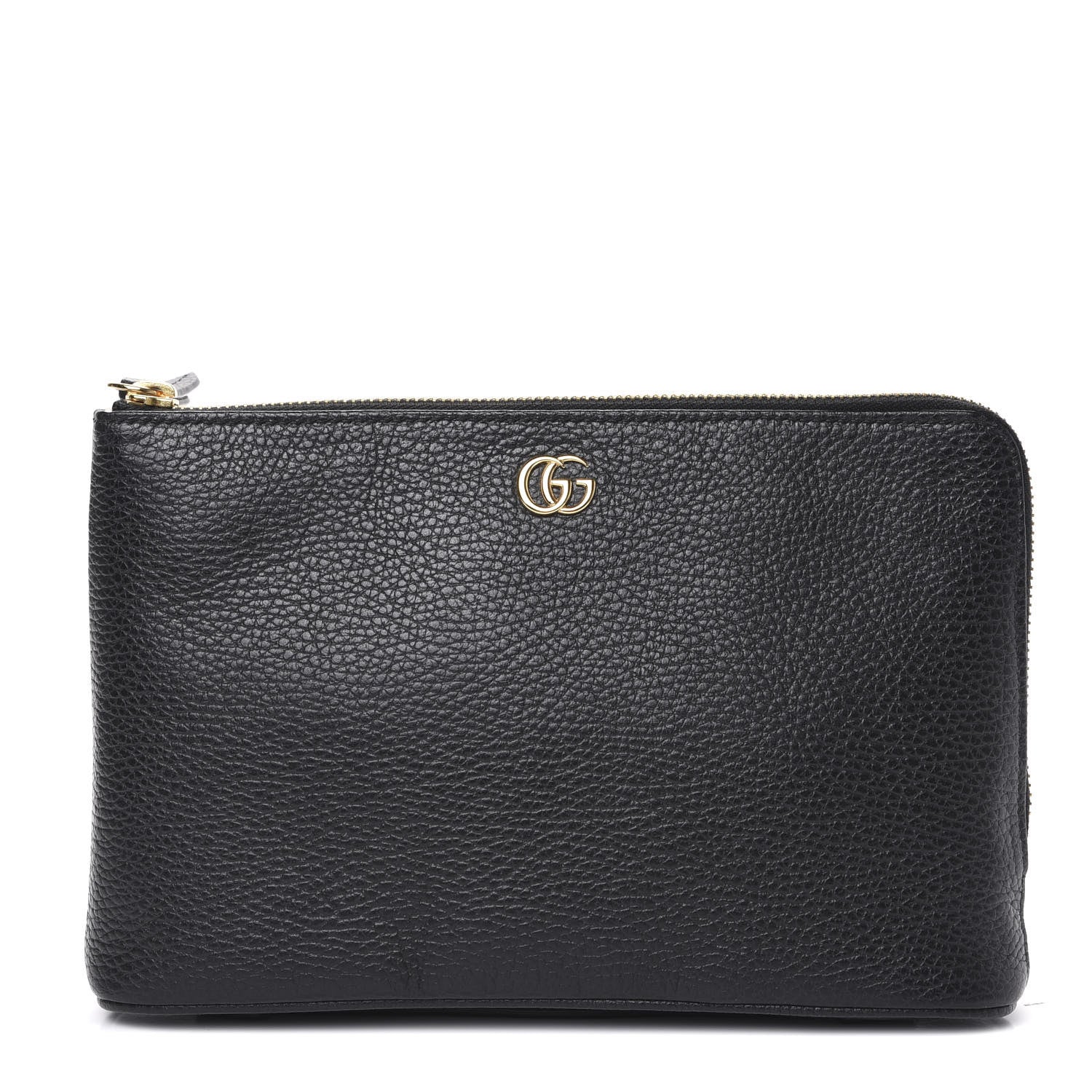 The Gucci Calfskin GG Marmont Pouch in Black is crafted of lovely textured calfskin leather in black. This bag features a top zipper that opens to a beige fabric interior with a zipper pocket and card slots on one side and a single pouch pocket on the opposite.