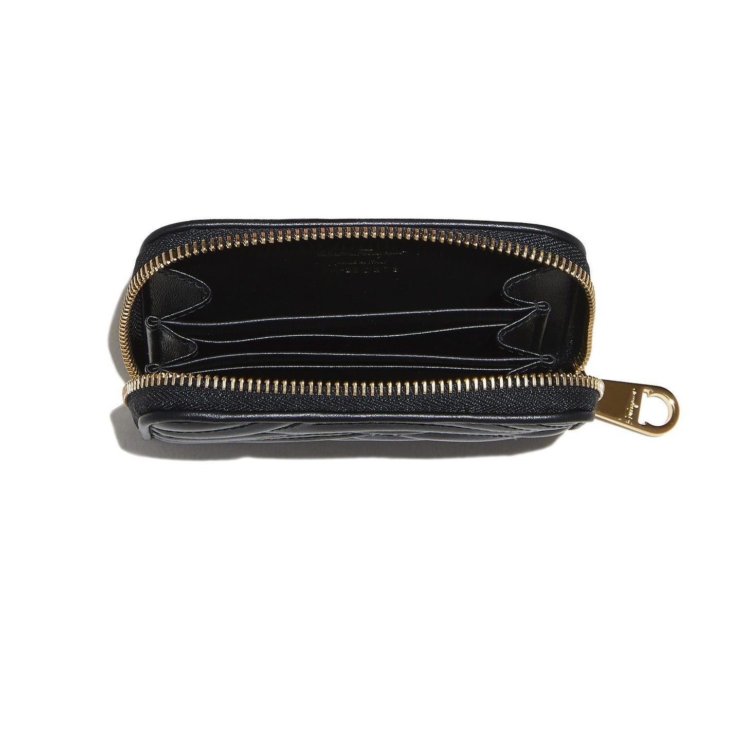 Salvatore Ferragamo Leather Change Purse Black zip closure with two interior pockets and two credit card slots five inches wide by three and one quarter inches height and one inch deep