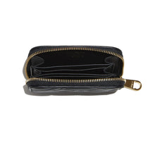 Load image into Gallery viewer, Salvatore Ferragamo Leather Change Purse Black zip closure with two interior pockets and two credit card slots five inches wide by three and one quarter inches height and one inch deep