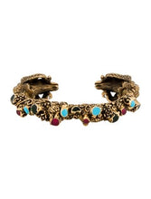 Load image into Gallery viewer, Gucci Ram Head Cuff Bracelet in Gold with Gemstones