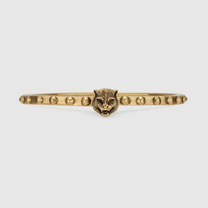 Gucci Metal Studded Feline Head Bracelet in Aged Gold