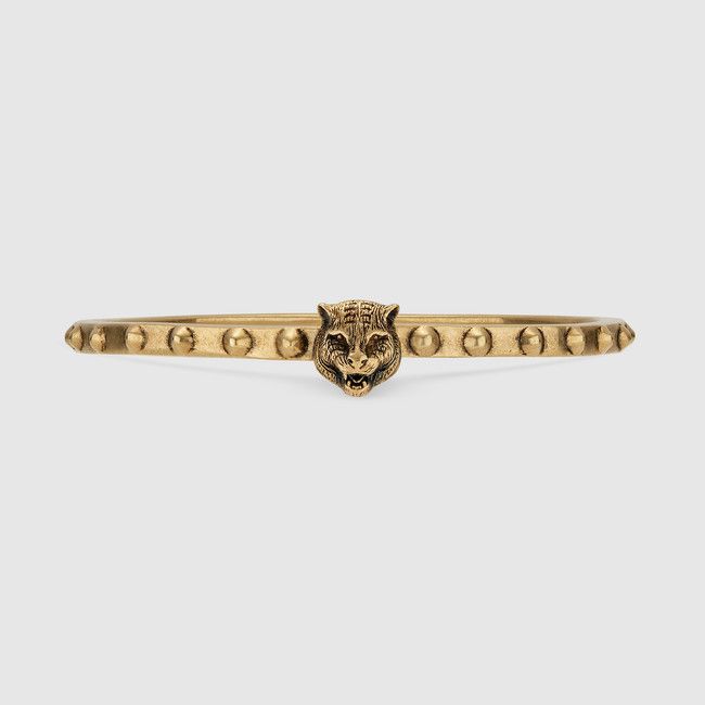 Gucci Metal Studded Feline Head Bracelet in Aged Gold