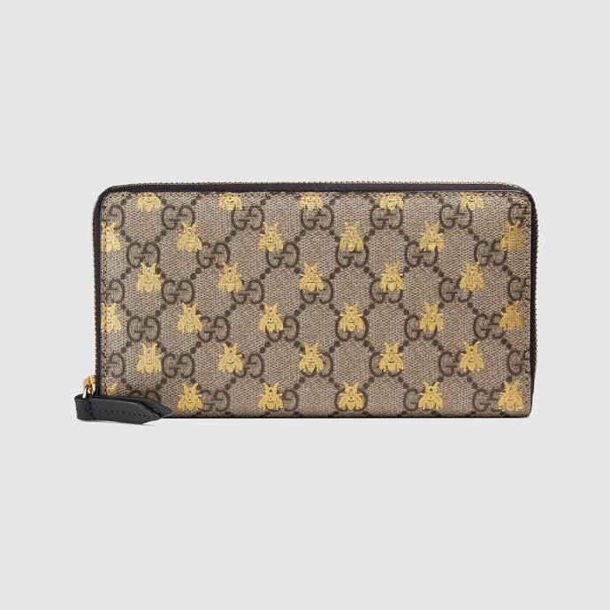 Gucci GG Supreme Bees Zip Around Wallet in Beige