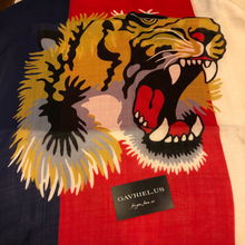 Load image into Gallery viewer, Gucci Wool Sylvie Tiger Scarf in Sapphire and Ivory
