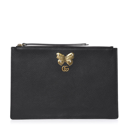 Gucci Pebbled Calfskin Butterfly Zip Clutch in Black