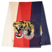 Load image into Gallery viewer, Gucci Wool Sylvie Tiger Scarf in Sapphire and Ivory